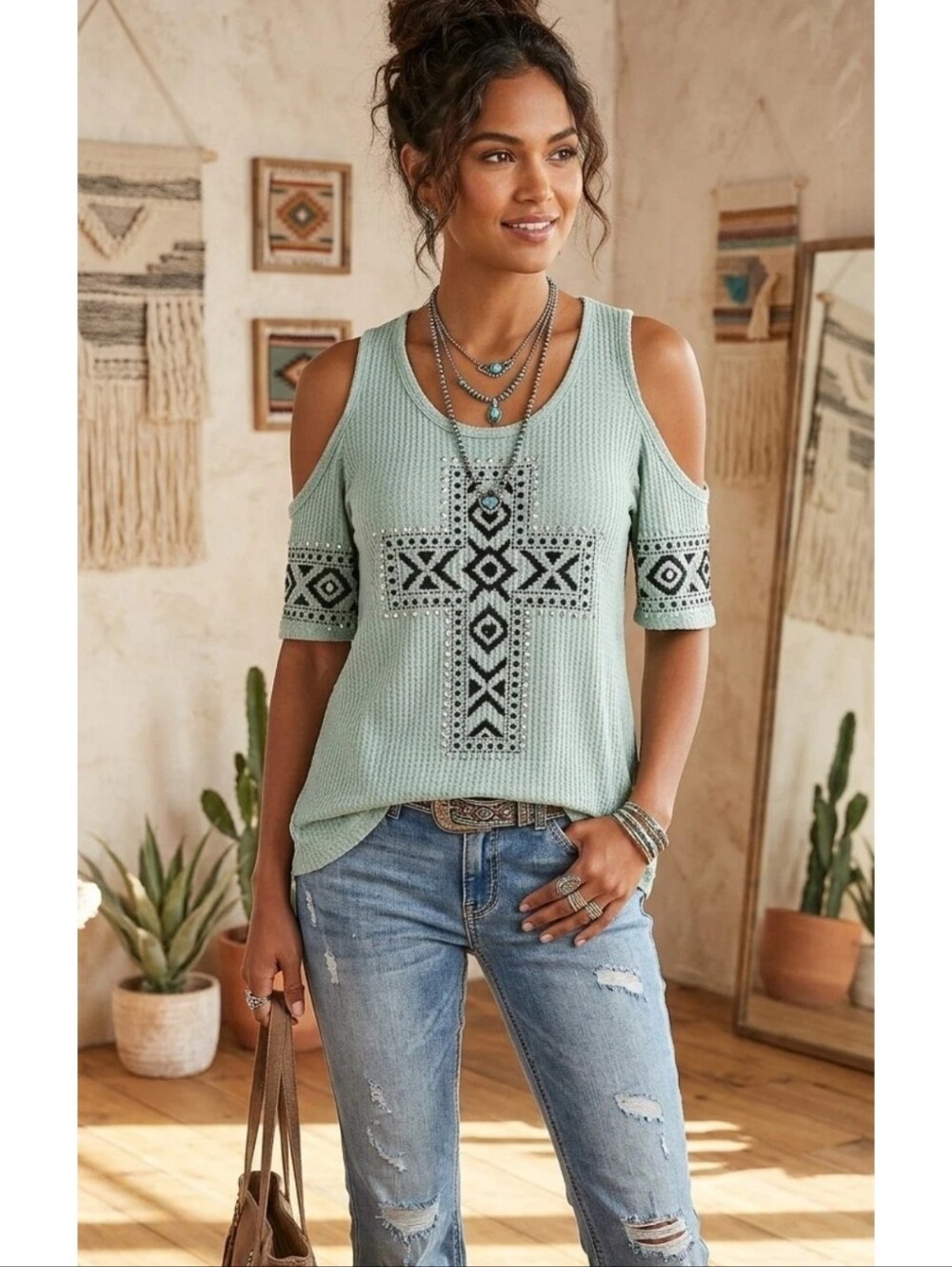 Vocal Cold-Shoulder Mint Green Tank Top with Aztec Cross  Bling Detail